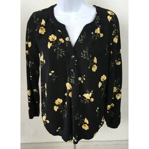 Old Navy Women Top Size XS Black Yellow Floral Long Sleeve Blouse